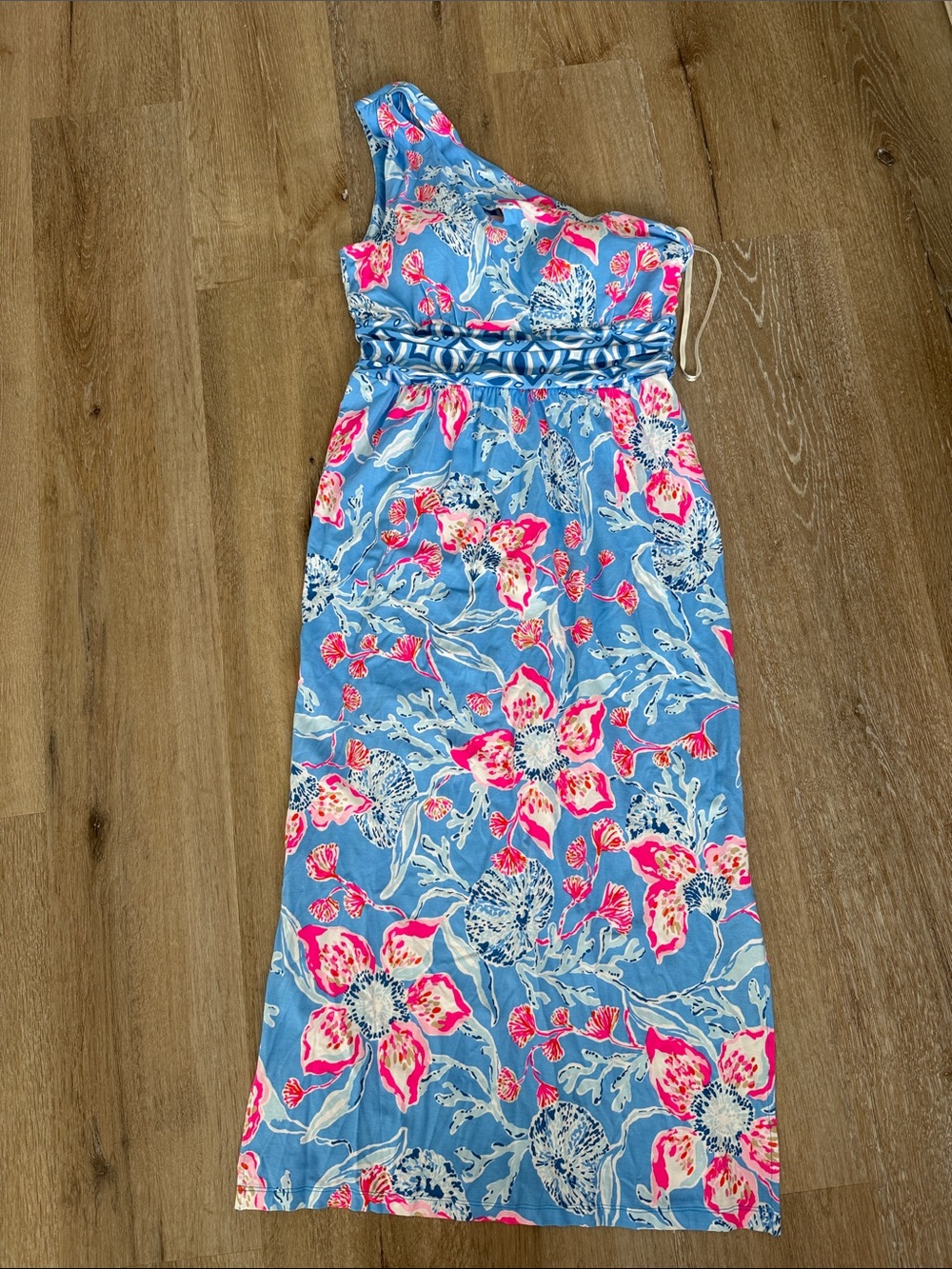 One-Shoulder Blue Floral Maxi Dress - Pink & White Accent